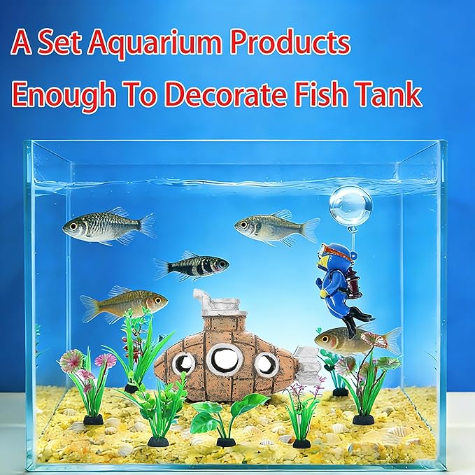 Aquarium Shipwreck Decor Set, Fish Tank Accessories Resin Submarine Ornament Betta Fish Hideout Cave with 6 Artificial Aquatic Plants, 40+ Seashells, 1 Floating Diver for Freshwater Saltwater