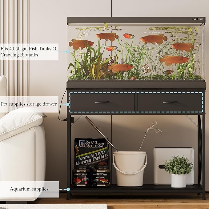 40-50 Gallon Fish Tank Stand，Aquarium Holder with Power Outlet and 2 Drawers，Heavy Duty Breeder Turtle Terrarium Stand Suitable for Turtle Tank, Reptile Terrarium, for Home Office (Black)