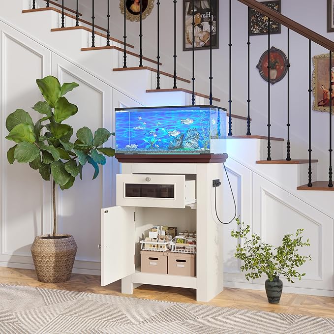 10-15 Gallon Aquarium Stand With Power Outlets, Farmhouse Fish Tank Stand, Reptile and Terrarium Stand with Drawer and Cabinet Storage, Sturdy Heavy Duty 20.4" 12",White