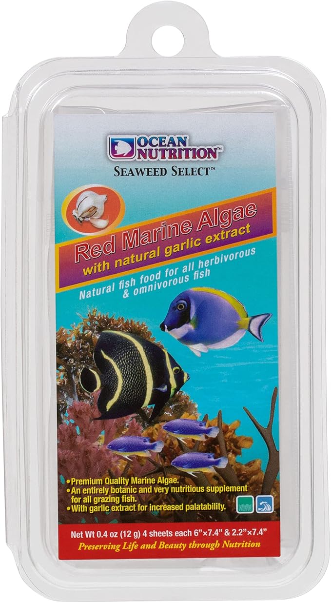 Ocean Nutrition Seaweed Sheets - Nutritious Red Marine Algae Saltwater Fish Food with Natural Garlic Extract for Algae Eater Fish - Perfect for Herbivorous & Omnivorous Fish, 4-Sheets 0.4 oz (12 g)