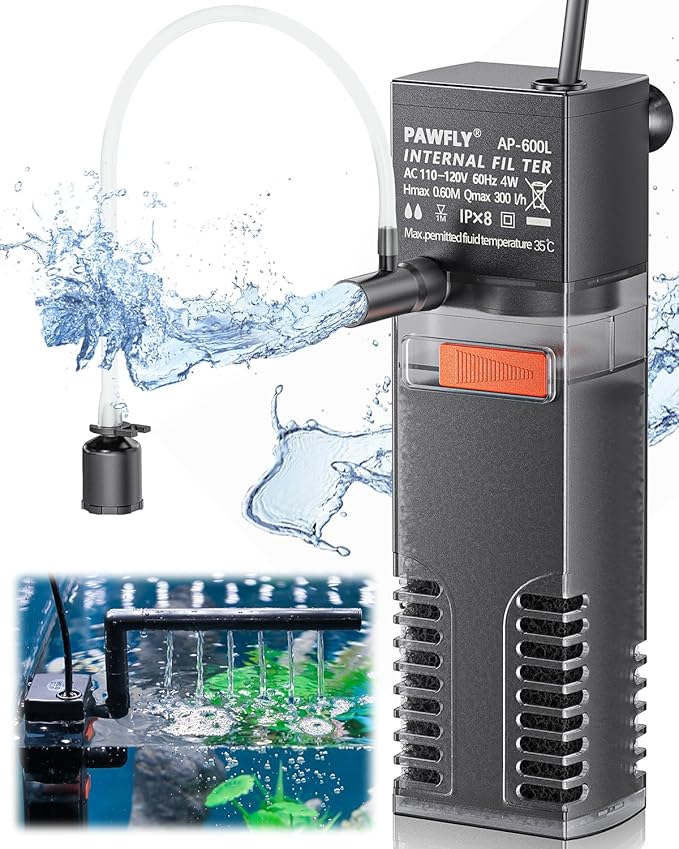 Pawfly Internal Aquarium Filter with 80 GPH Water Pump Quiet Submersible Bio Sponge Foam Filter for 10 to 20 Gallon Fish Tanks Small Multifunctional Filter for Filtration Circulation and Oxygenation