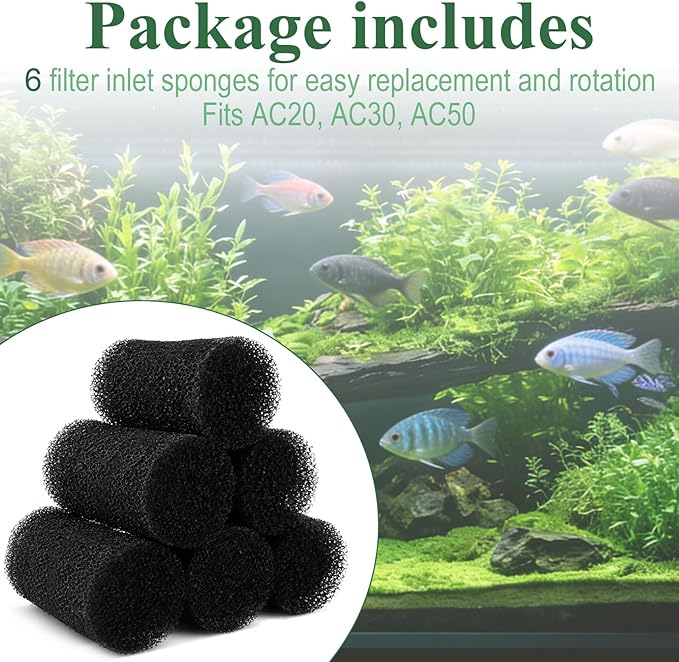 6 Pack Aquarium Pre Filter Intake Sponge Replacement for Fluval AC20/AC30/ AC50 Power Filter, for Use in Freshwater & Saltwater Aquariums
