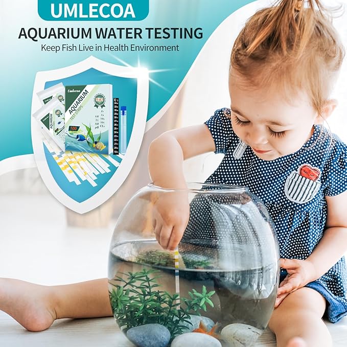 Umlecoa 9 in 1 Aquarium Test Kit for Freshwater and Saltwater - 100 Aquarium Test Strips with Test Tube & Thermometer - Fast & Accurate Water Testing Strips for Aquarium/Pond/Pool
