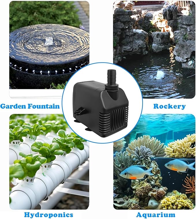 800GPH Submersible Water Pump (3000L/H, 24W), Ultra Quiet Fountain Pump with 2 Nozzles, 6.5ft Power Cord for Fish Tank, Pond, Aquarium, Statuary, Hydroponics