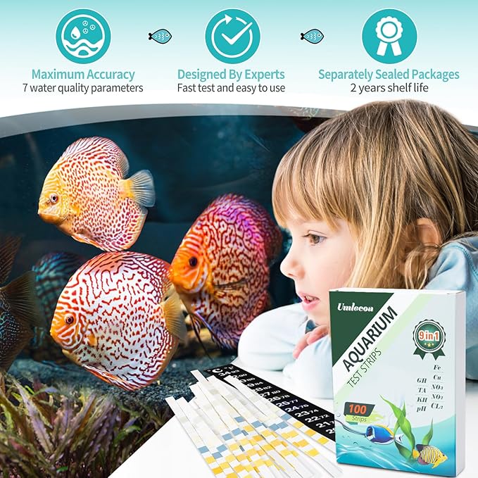 Umlecoa 9 in 1 Aquarium Test Kit for Freshwater and Saltwater - 100 Aquarium Test Strips with Test Tube & Thermometer - Fast & Accurate Water Testing Strips for Aquarium/Pond/Pool