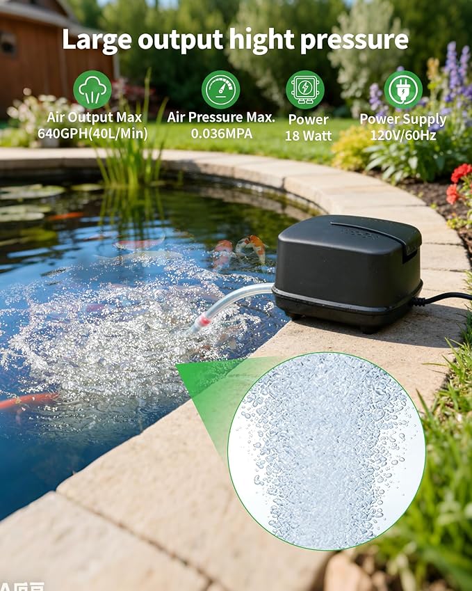 POPOSOAP Pond Aerator, 640GPH High-Volume Pond Air Pump for 1000-3000 Gallon Ponds, Ultra-Quiet Septic Aerator IP65 Waterproof for Koi Pond, Water Garden, Fish Tank & Winter Ice Prevention P840
