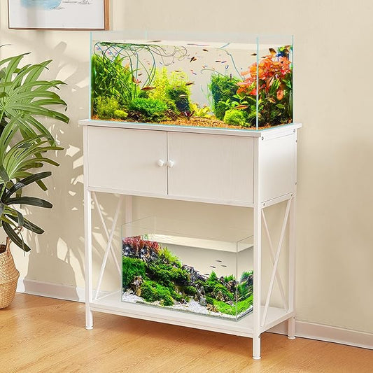 LAQUAL 20-29 Gallon Aquarium Stand with Cabinet, 20 Gallon Long Fish Tank Stand with 31''L * 12''W Tabletop, Double Heavy Metal Stand with Stable Structure, Adjustable Table Feet - White