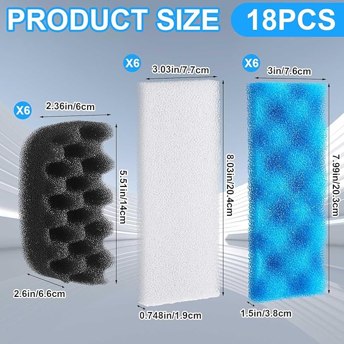 Threlaco 18 Pcs Aquarium Filters Bio Sponge Sets Compatible with Fluval 206/207 Aquarium Filters Including Blue White Black Biological Sponge for Replacement Filter Media Kit