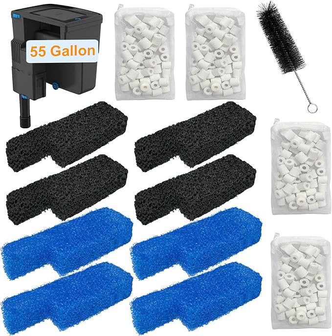 17 Set Aquarium Filter Media Replacement Kit Compatible with Seachem Tidal 55 Gallon (200 Liters) Large Aquarium Fish Tank Filter, Includes Brush, Carbon Sponge, Ceramic Rings, Blue Foam Filters