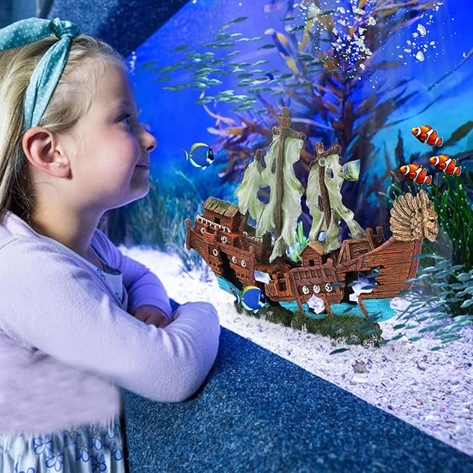 UNEAK - XXL Shipwreck Aquarium Large Decorations Ornament w/Sail (2 Pieces) 20 Gallons high and Larger Fish Tank, Sunken Ship Decoration Ornaments, Pirate Boat, Resin, Freshwater Saltwater Decor
