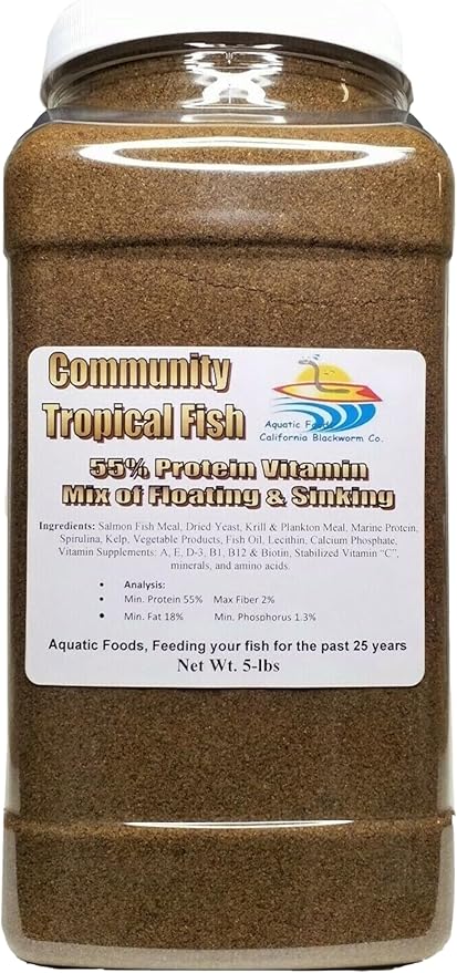 Community Tropical Fish Food, 55% Protein Vitamin Rich Floating/Slow Sinking Granulars for Tetras, Guppies, Cichlids, Live Bearers, Pond Fish All Tropical Fish - 5-lb Large Jar