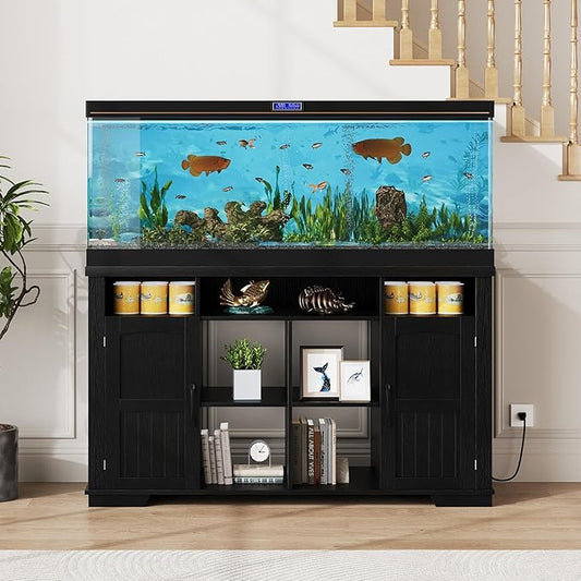 55-75 Gallon Fish Tank Stand with Power Outlet, Farmhouse 75 Gallon Aquarium Stand with Cabinet for Fish Tank Accessories Storage, Shelf, for Turtle Tank, Reptile Terrarium, 1000 LBS (Black-1)