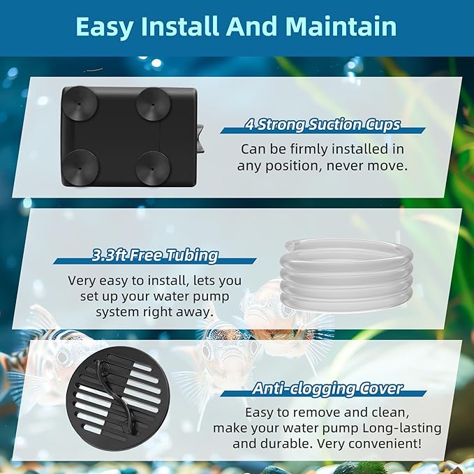 DaToo Mini Submersible Fountain Water Pump With LED Light 160GPH 10W Small Ultra Quiet Water Pump With Tubing For Aquarium Fish Tank Outdoor Pond Water Feature Fountain Statuary