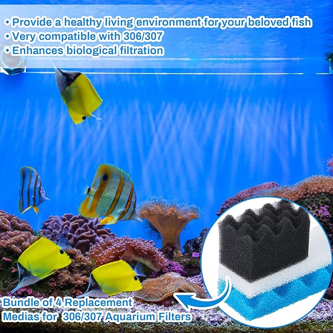 Threlaco 6 Pcs Aquarium Filters Bio Sponge Sets Compatible with Fluval 306/307, Including 2 Blue 2 White 2 Black Bio Sponge for Replacement Filter Media Kit