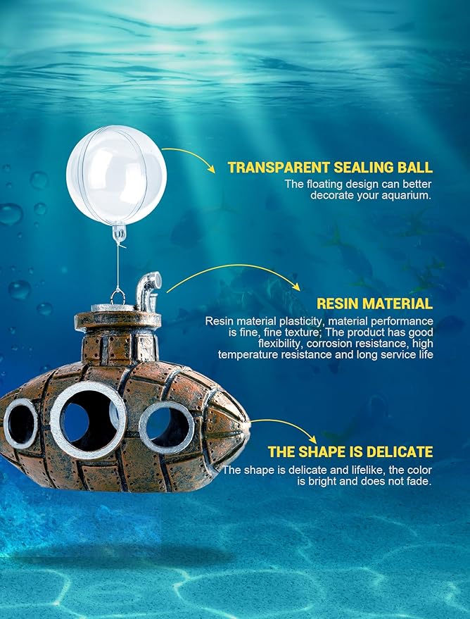 Floating Fish Tank Decoration, Little Cute Retro Submarine Aquarium Decoration with Two Float Balls, Resinous Fish Tank Accessorie, Safe Fish Toy for Betta Cichlid Goldfish Shrimps Hermit Crabs