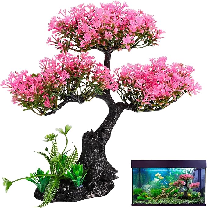 Plastic Aquarium Plants for Fish Tank, Realistic Cherry Blossom Tree & Green Water Grass, Safe for Your Aquatic Pets and Water Quality, Lifelike Artificial Plants for Nature Underwater Landscape