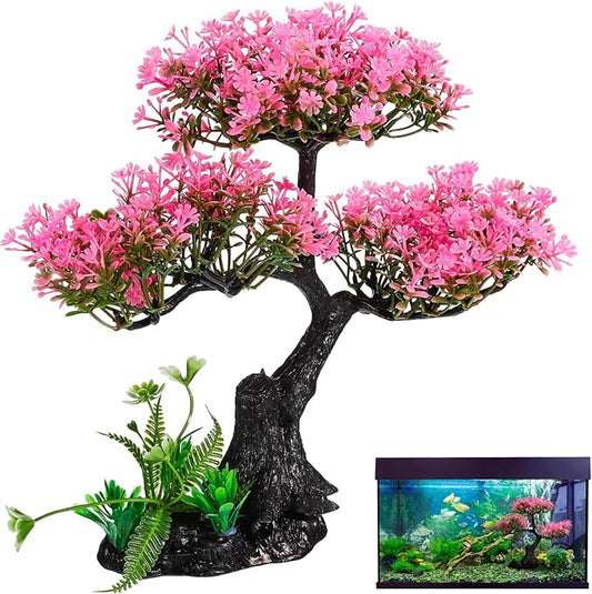 Plastic Aquarium Plants for Fish Tank, Realistic Cherry Blossom Tree & Green Water Grass, Safe for Your Aquatic Pets and Water Quality, Lifelike Artificial Plants for Nature Underwater Landscape