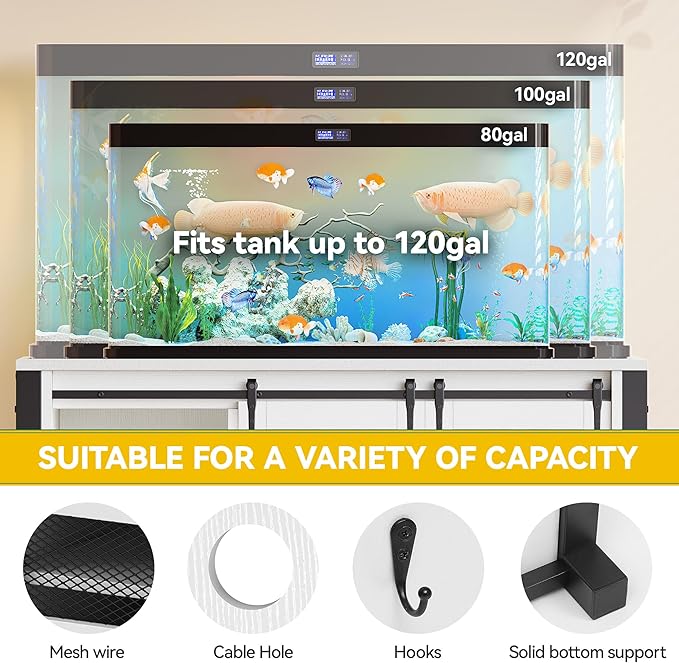 DWVO 40-120 Gallon Fish Tank Stand with Power Outlets, Heavy Duty Large Aquarium Stand with Barn Door, Reptile Tank with Storage Terrariums Table for Turtle Fish, White