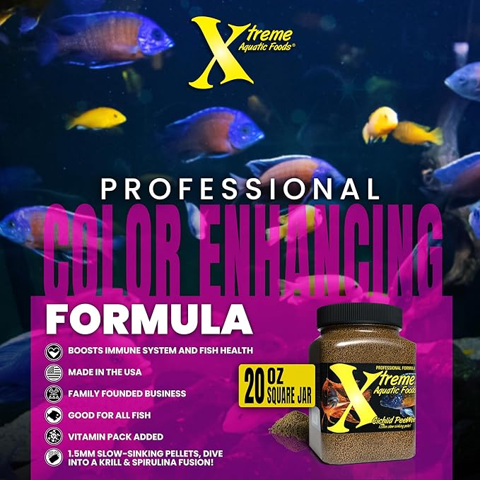 Xtreme Cichlid Peewee 1.5 mm Pellets - Proven Nutrition for Cichlids - Balanced Amino Acids, Boost Immune & Digestive Health, Color & Energy, Max Protein Freshwater Fish Food – USA Farm Grown (20oz)