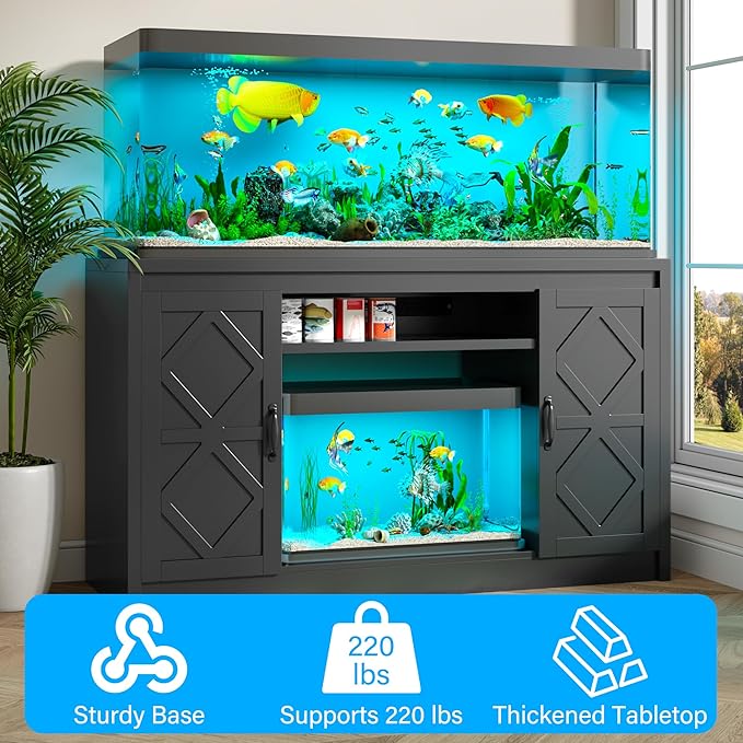 kepptory 55-75 Gallon Fish Tank Stand with Diamond Doors & Power Outlet, Heavy Duty Aquarium Stand with Cabinet Storage for Fish Tank, Turtle Tank, Reptile Terrarium (Black)