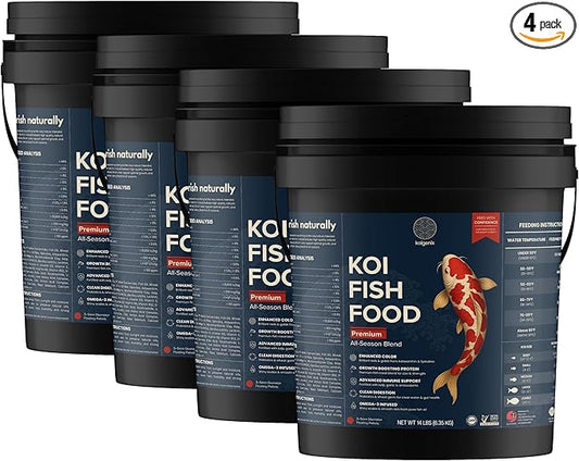 4 Pack Koi Fish Food (14lb) - Growth & Color Formula, High Protein Floating Pellets with Spirulina, Krill & Probiotics, Easy to Digest, Cleaner Water, All Season - for Koi, Goldfish & Pond Fish