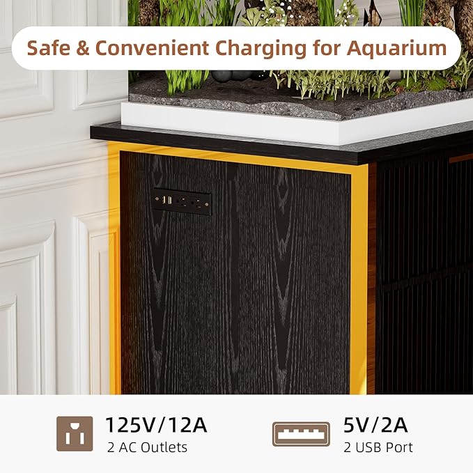 55-75 Gallon Fish Tank Stand with Power Outlets, LED Light, Vertical Lines, Heavy Duty Aquarium Stand with Cabinet for Fish Tank Accessories Storage, Turtle Tank, Reptile Terrarium (Black and Gold)