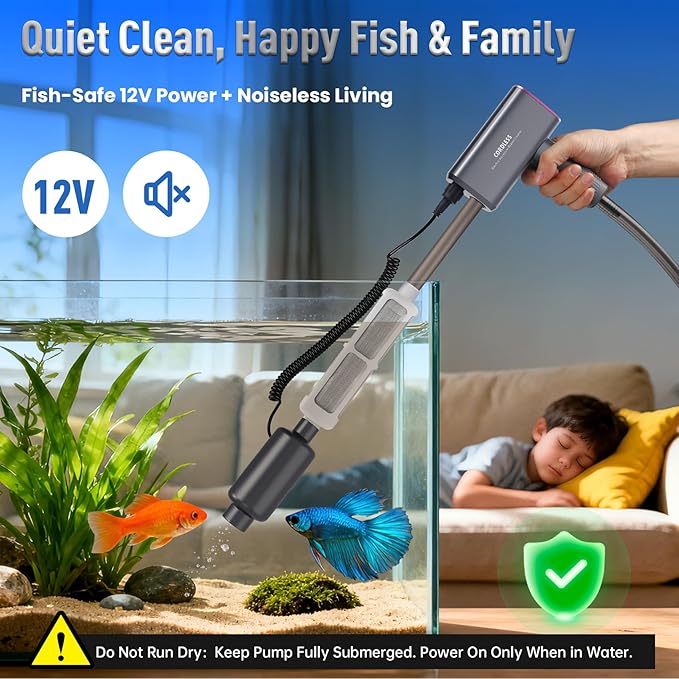 Cordless Electric Aquarium Gravel Cleaner: Rechargeable Fish Tank Cleaner with 4 Adjustable Suction, Anti-Clog for Debris Clean & Sand Washing,650GPH Automatic Water Changer for Small/Large Tank
