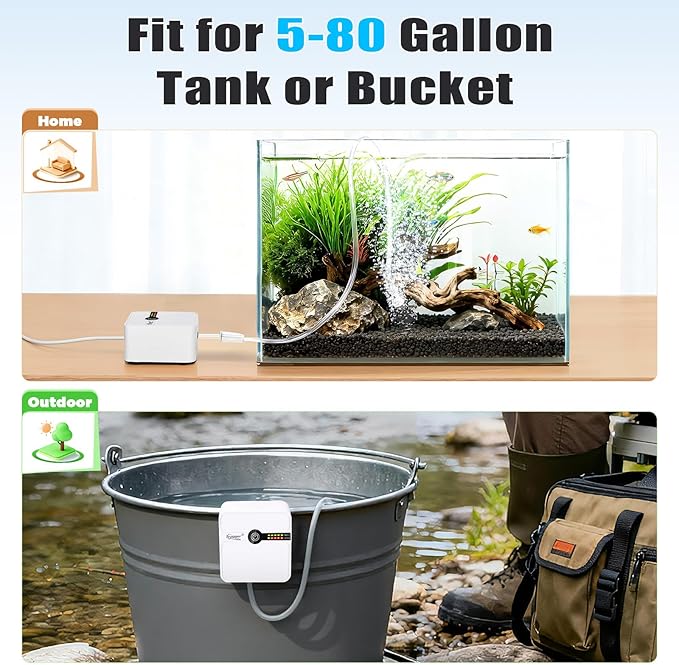 hygger USB Rechargeable Aquarium Air Pump, Battery Powered Quiet Oxygen Pump, Portable Aerator with Air Stone, Adjustable Air Flow with Clip for Bait Bucket, Outdoor Fishing and Power Outages