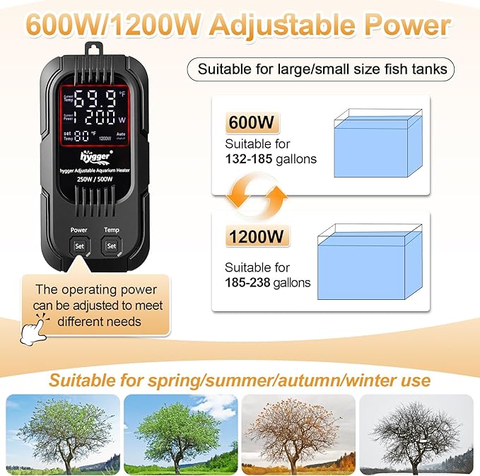 hygger Aquarium Heater, 600W/1200W Adjustable Power Fish Tank Heater with Digital Display External Controller, Automatic Power-Off Protection Heater for 132-238 Gallons Freshwater and Saltwater Tank