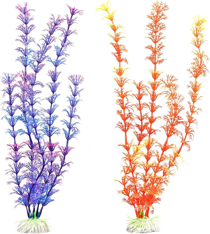 NW Wholesaler 12 Inch Faux Plants for Fish Tanks - Set of 2 Orange and Purple Artificial Plants for Freshwater and Saltwater Aquarium Decor and Fish Hideaway