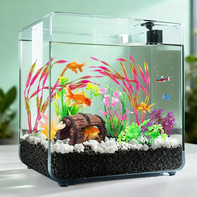 QUOZUO Small Fish Broken Barrel Decor Fish Tank Decorations Aquarium Accessories Plants Plastic Resin Barrel and Coral Hideout Ornaments Aquarium Decor Set 8 Pieces