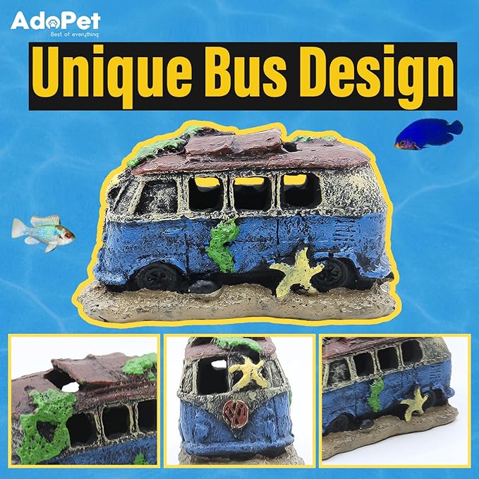 Colorful Resin Fish Tank Ornament with Multiple Hiding Spots, Safe Shelter for Small and Medium Aquariums, Stress-Relief Underwater Decor, Easy to Clean (Old Bus)