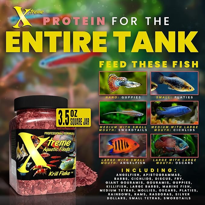Xtreme Krill Flakes - Premium Max Protein Freshwater Fish Food with 100% Krill and Shrimp, & Vitamins for Optimal Immune and Digestive Health, Boosts Color & Energy – USA Farm Grown (3.5oz)