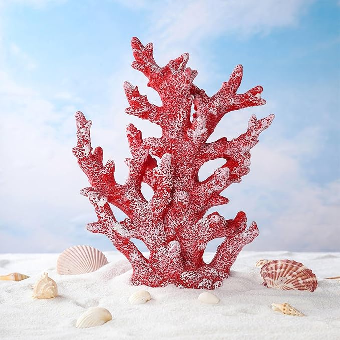 Artificial Coastal Dorm Fish Aquarium Coral Ornament Decor Realistic Aquatic Plant Marine Themed Gifts for Beach Coastal, Living Room, Bathroom- Red