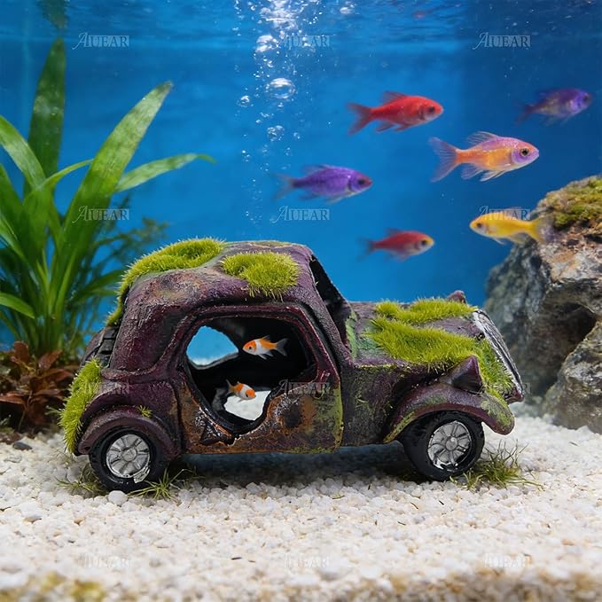 AUEAR, Aquarium Resin Car Ornament Truck Fish Tank Decorations Imitation Wreck Decor with Flocking Moss