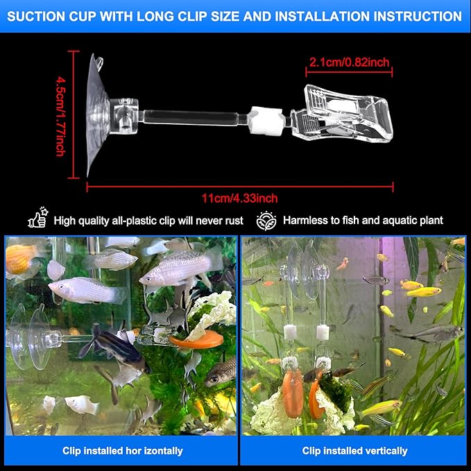 4pcs Suction Cup with Clip Aquarium Suction Cup Clips Seaweed Fish Feeding Clip Saltwater Aquarium Veggie Feeder clamp Fish Accessories (4pcs Suction Cup with Long Clip)