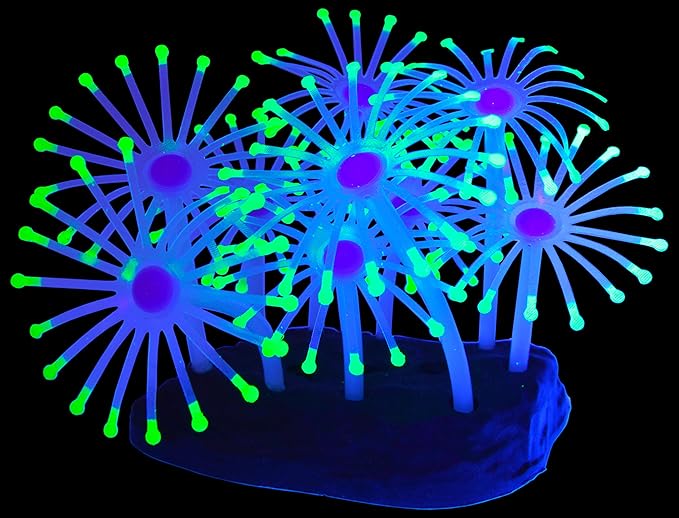 SciencePurchase UV Glowing Silicone Faux Palythoa Coral Fish Tank Decoration with Weighted Base for Aquarium Fish Tanks, Green Accent Glows Under UV Blacklight