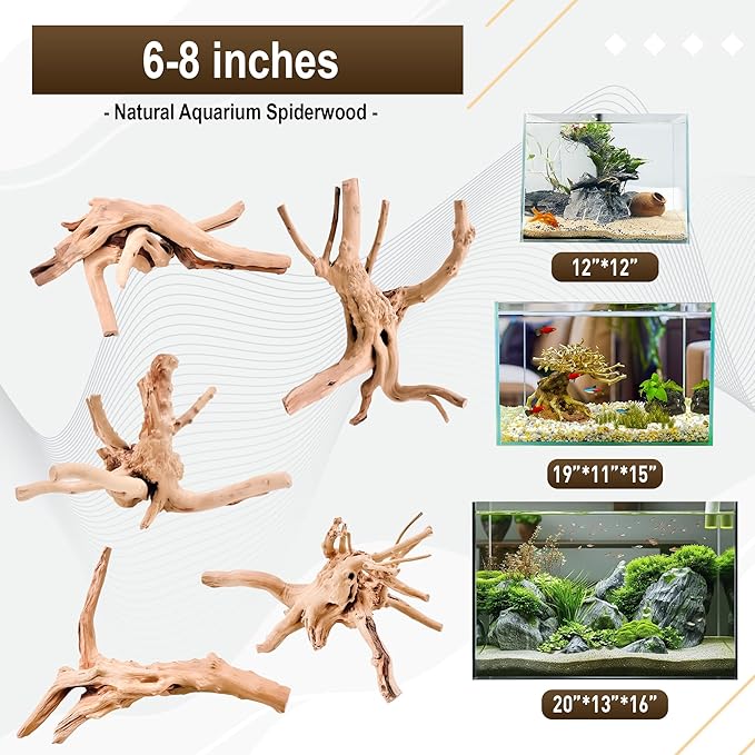 Kaiyuan Dynasty 5Pcs 6-8" Sinkable Spider Wood Natural Aquarium Decor Spiderwood for Reptile Decor Fish Tank Decorations Aquatic Plants Hardscaping