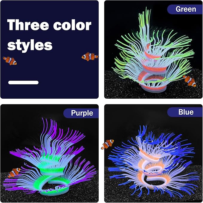 Soft Silica Gel Moves Naturally with Water Flow, Aquarium Decorations Glow in The Dark, Glowing Coral Ornaments for Fish Tank Decorations (Green, Anemone)