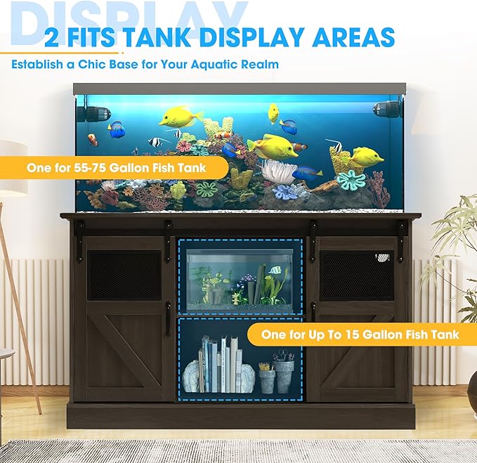 55-75 Gallon Fish Tank Stand with Sliding Barn Doors & Power Outlet, Heavy Duty Aquarium Stand with Cabinet Storage for 2 Fish Tank/Turtle Tank/Reptile Terrarium Accessories, 1300LBS (Grey)