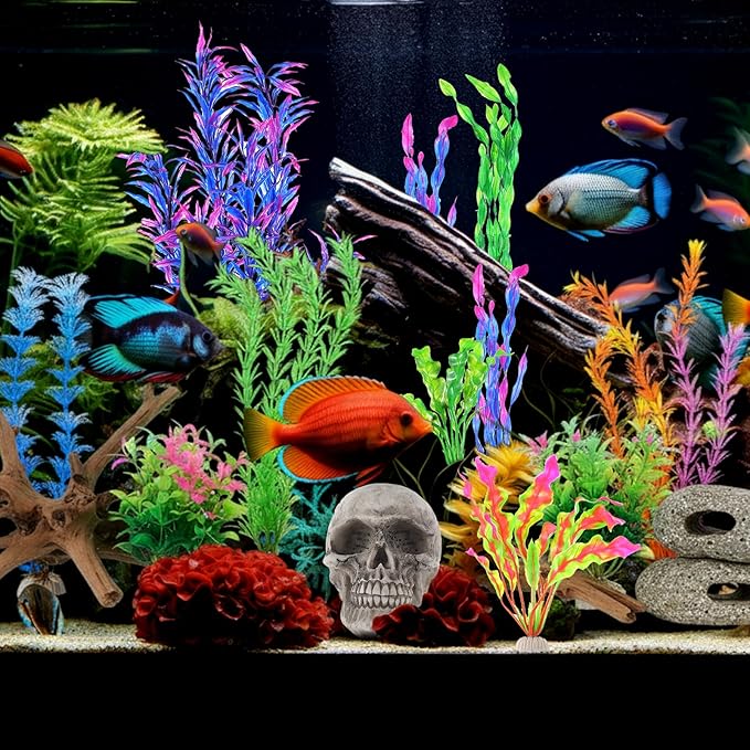 Jexine 18 Pcs Fish Tank Decorations Aquarium Decor Reptile Tank Accessories Set Include 10 Artificial Plastic Plants 3 Natural Driftwood 3 Rock Cave Decoration 2 Aquarium Skull