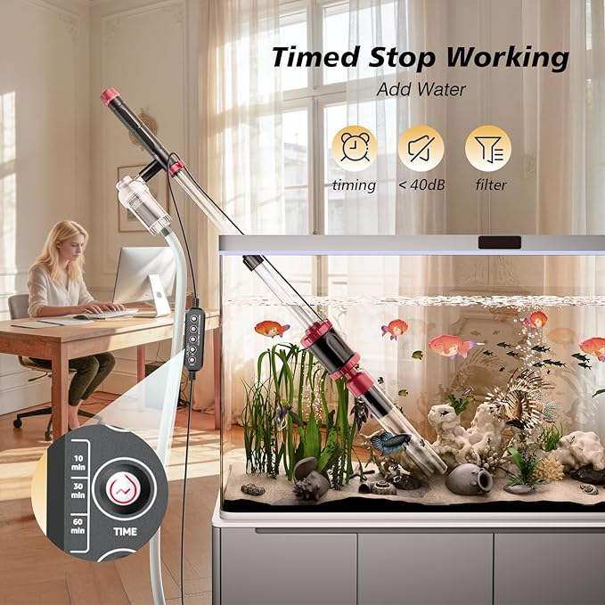 AKKEE Aquarium Vacuum Gravel Cleaner, 36W Electric Fish Tank Cleaner Vacuum, 8 in 1 Multifunctional Aquarium Cleaner for Automatic Water Change, Wash Sand, Water Circulation and Timed Off