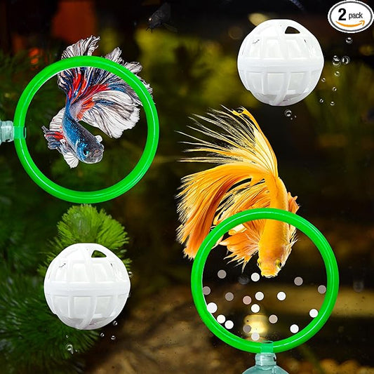 Betta Fish Exercise Ring and Filter Balls Set, Fish Feeder Ring and Nitrifying Ball, Betta Fish Toys for Small Tank, Betta Ring, Beta Fish Training Loop, Aquarium Toys for Pets Turtle (Green, M-70mm)