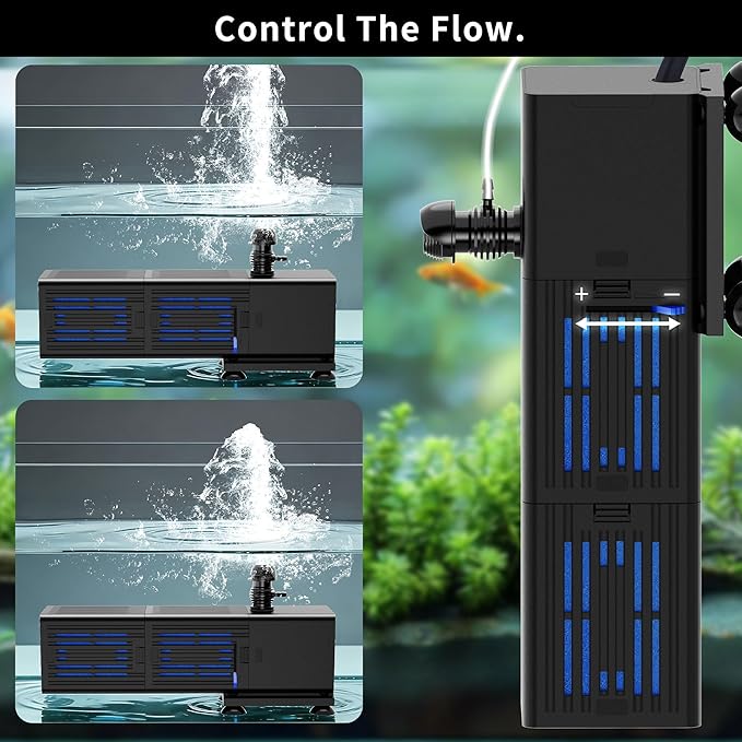 Aquarium Filter Water Flow Adjustable for 20-40 Gallon Fish Turtle Tank 132GPH 4in1 Biochemical Filtration Powerful Submersible Internal Pumps & Filters Keep Freshwater Saltwater Crystal Clear Small