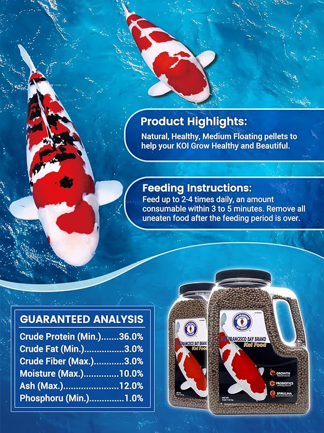 San Francisco Bay Brand Premium Koi Fish Food 4 lbs - Medium Floating Pellets Fish Food, All-Natural Spirulina & Probiotics Koi Food, Complete Multi-Season Diet, Enhance Color & Immunity, 36% Protein