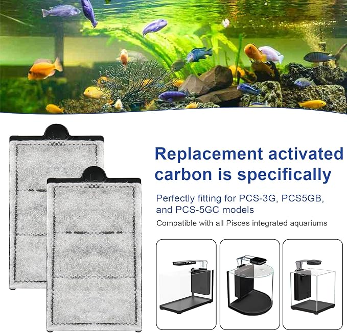 2 Pack Carbon Cartridges Replacement for Aquatop Pisces Aquariums, Universal Fit for All Pisces All-in-One Aquarium Models, for PCS-5G, PCS-3G, PCS-5GB, and PCS-5GC, Fish Tank Carbon(Models PCS-RCI)