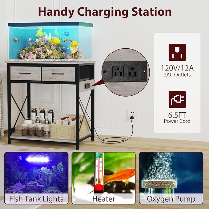 20-29-37 Gallon Fish Tank Stand with Power Outlet, Heavy Duty Metal Aquarium Stand with Two Storage Drawers for Fish Tank Accessories Storage, Perfect for Turtle Tank, Reptile Terrarium, Grey