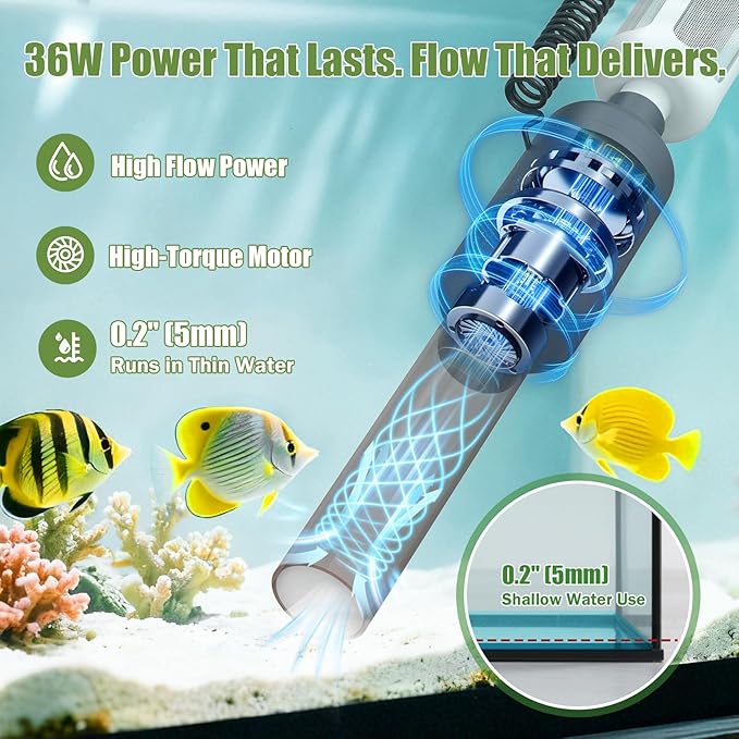 Cordless Aquarium Vacuum Gravel Cleaner: 6-in-1 Electric Fish Tank Cleaner, 36W Rechargeable & 650GPH Strong Suction Automatic Water Changer, Touch Control, Fits 5–150 Gallon Tanks