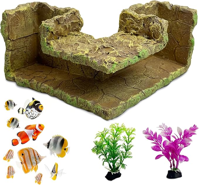 kathson Aquarium Hideaway Cave Underground Tunnel Hideout Wood-Like Fish Tank Cave for Corners View Fish in Aquarium Decoration with 2PCS Plastic Aquatic Plants for Betta Shrimp Guppy Hide