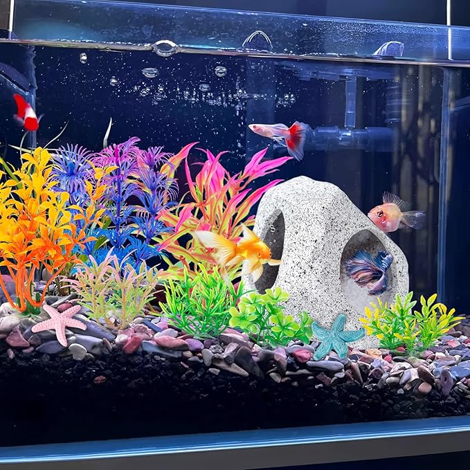COMSUN 12 PCS Aquarium Decoration Cave Set, Ceramic Fish Tank Hideaway Rock Accessories, Colorful Plastic Aquarium Plants & Resin Starfish, Small Fish Tank Ornaments for Pet Fish to Hideout and Rest
